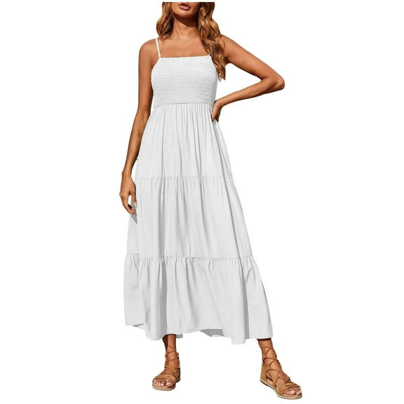 Fesfesfes Women Dress Bohemian Spaghetti Strap Smocked Tiered Long Beach Sun Dresses Sleeveless Solid Maxi Dress