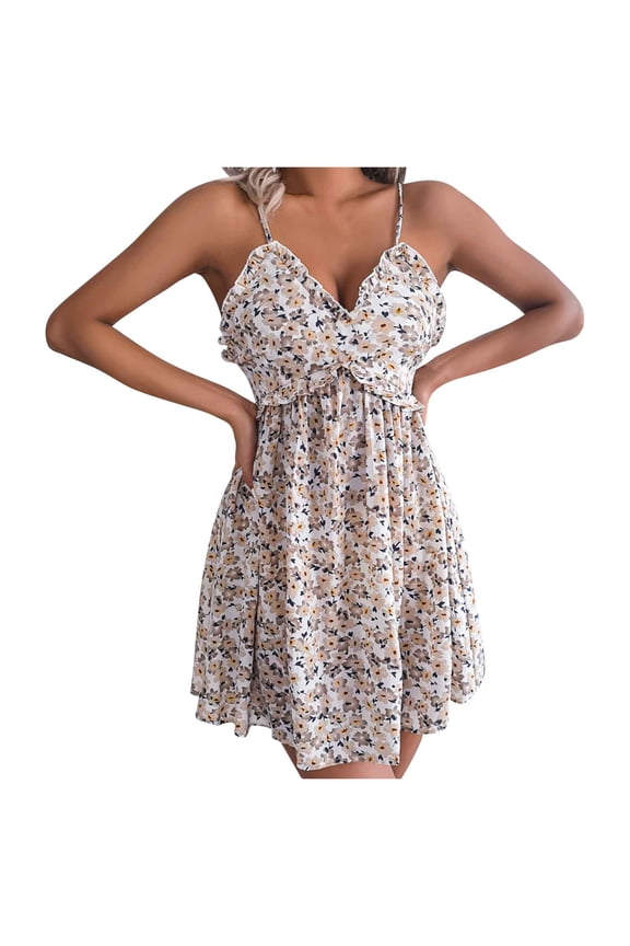 Women Dress Casual Clod Shoulder Printed Sleeveless Dress Pullover Camisole Dress or