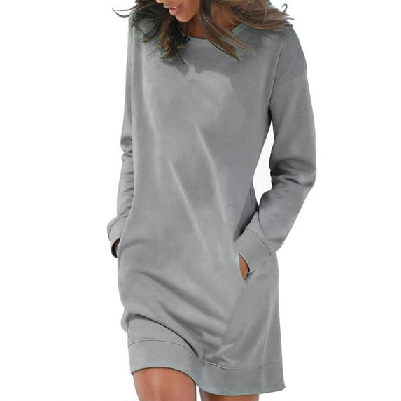 Fesfesfes Women Dress Casual Comfortable Long Sleeve Round Neck Solid Color Dress Sale Tops on Clearance