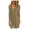 thumbnail image 1 of Fesfesfes Women Dress Casual Fall Solid Sexy U-Neck Buttons Long Sleeve Waist Dress, 1 of 8