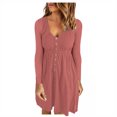thumbnail image 1 of Fesfesfes Women Dress Casual Fall Solid Sexy U-Neck Buttons Long Sleeve Waist Dress, 1 of 8