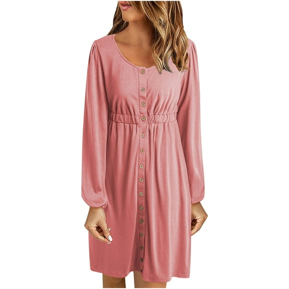 Fesfesfes Women Dress Casual Fall Solid U-Neck Buttons Long Sleeve Waist Dress Clothes Sale