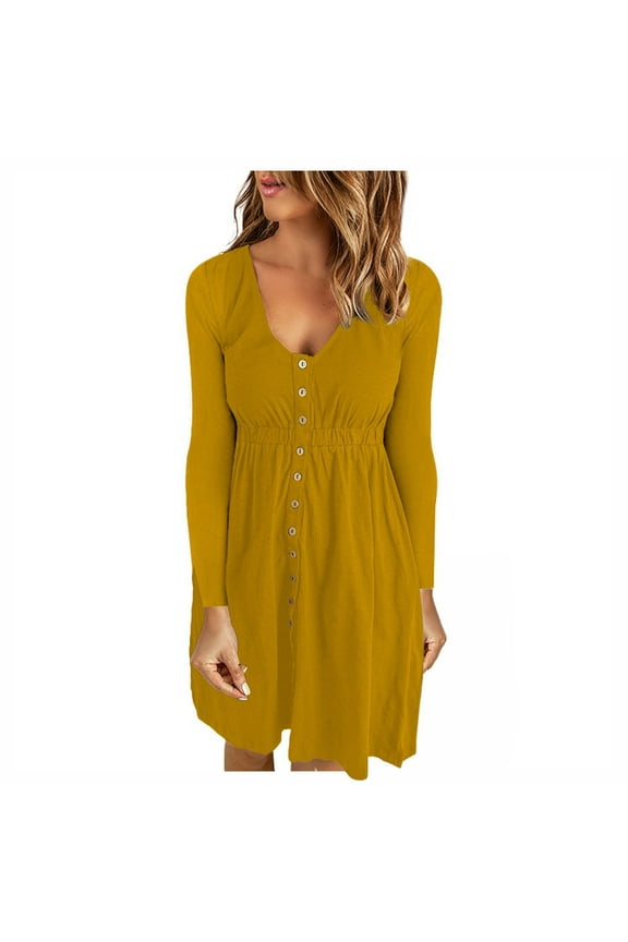 Women Dress Casual Fall Solid U-Neck Buttons Long Sleeve Waist Dress Clothes Sale