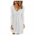 thumbnail image 1 of Fesfesfes Women Dress Casual Fall Solid Sexy U-Neck Buttons Long Sleeve Waist Dress Tops on, 1 of 8