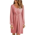thumbnail image 1 of Fesfesfes Women Dress Casual Fall Solid U-Neck Buttons Long Sleeve Waist Dress or, 1 of 8