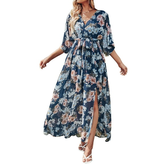 Fesfesfes Women Dress Casual Half Sleeve Boho Printed V-Neck Split With Belt Dresses