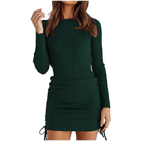 Fesfesfes Women Dress Casual Long Sleeve Round Neck Solid Drawstring Dress or
