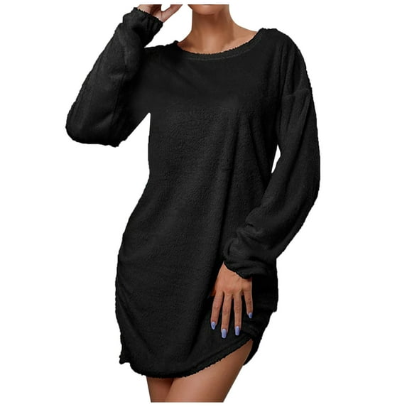 Fesfesfes Women Dress Casual Loose Crew-neck Plush Sweater Long-sleeve Dress