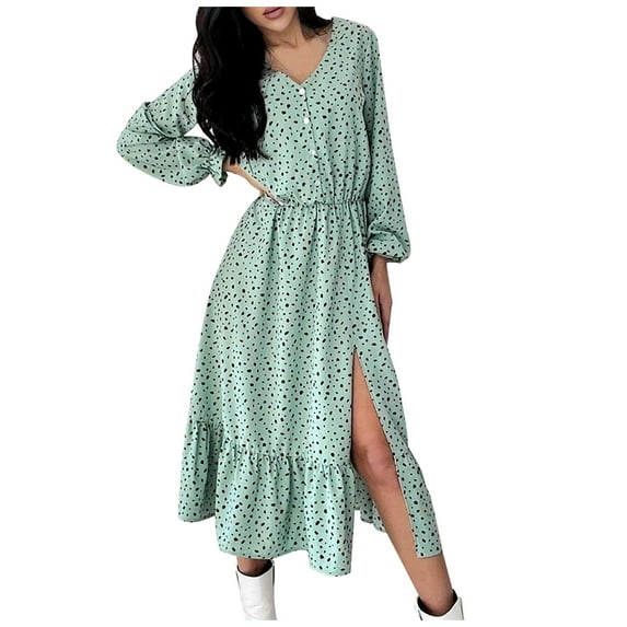 Fesfesfes Women Dress Casual Loose Printed Slit Elegant V-Neck Dress Under $10