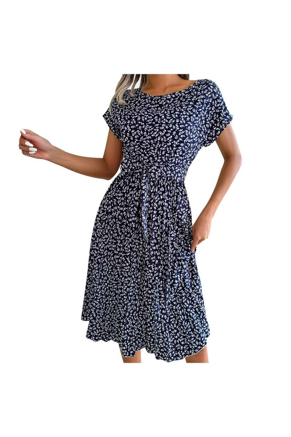 Women Dress Casual Round Neck Printed Short Sleeve Dress Spring Bandage Dresses Clothes Sale