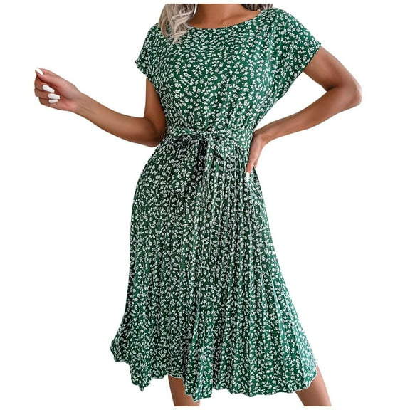 Fesfesfes Women Dress Casual Round Neck Printed Short Sleeve Dress Spring Bandage Dresses Plus Size $10