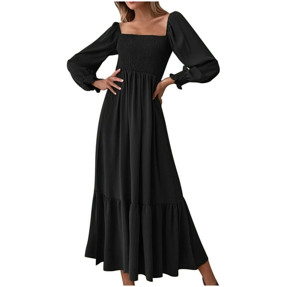 Fesfesfes Women Dress Casual Long Sleeve Pullover Square Neck Long Sleeve Ruffle High Waist Dress