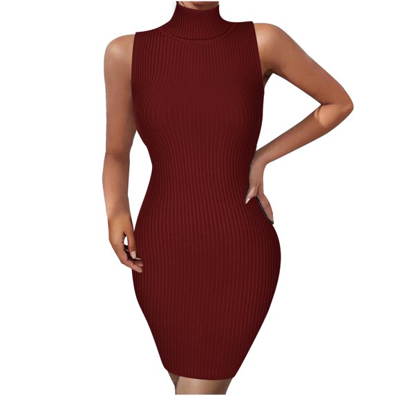 Fesfesfes Women Dress Casual Slim Fit Solid Color Turtleneck Sleeveless Hip Dress Clothes Sale