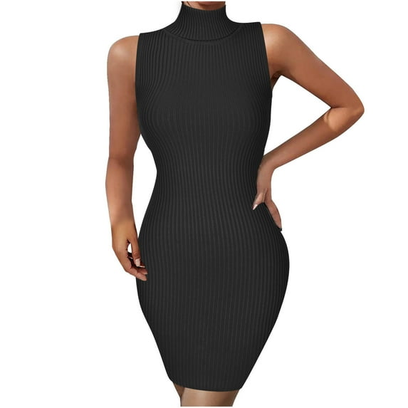 Fesfesfes Women Dress Casual Slim Fit Solid Color Turtleneck Sleeveless Hip Dress Tops on