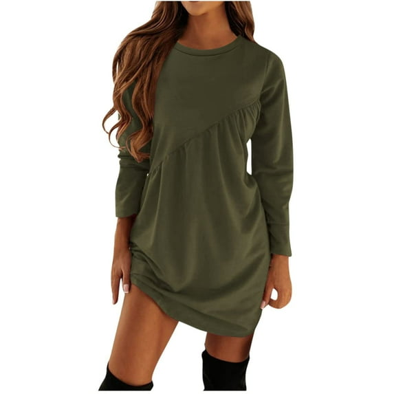 Fesfesfes Women Dress Casual Solid Long Sleeve Round-neck Pullover Dress Clothes Sale
