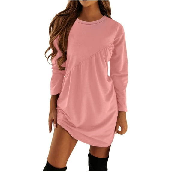 Fesfesfes Women Dress Casual Solid Long Sleeve Round-neck Pullover Dress Tops on