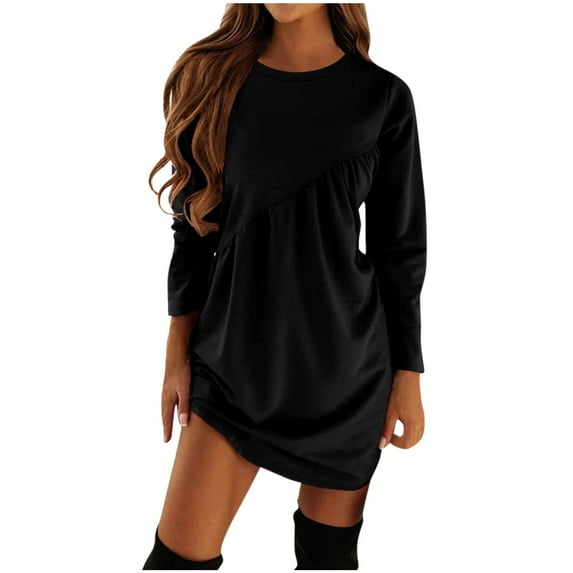 Fesfesfes Women Dress Casual Solid Long Sleeve Round-neck Pullover Dress Tops on