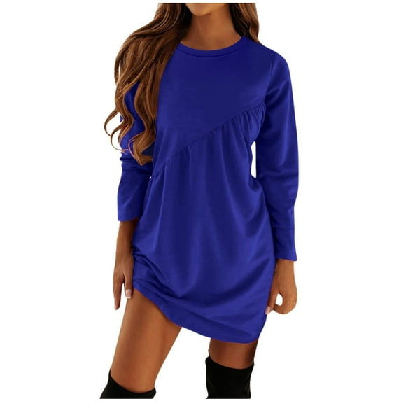 Fesfesfes Women Dress Casual Solid Long Sleeve Round-neck Pullover Dress or