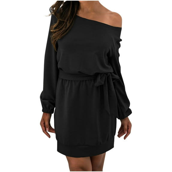 Fesfesfes Women Dress Casual Solid Long Sleeve Skew Collar Dress Fall Bandage Pullver Dress