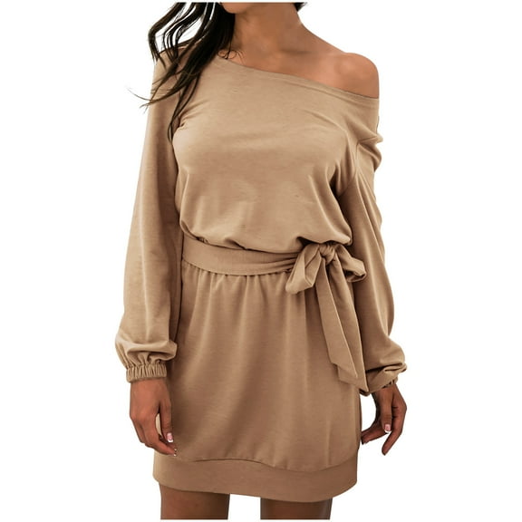 Fesfesfes Women Dress Casual Solid Long Sleeve Skew Collar Dress Fall Bandage Pullver Dress Tops on