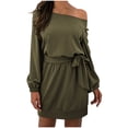 thumbnail image 1 of Fesfesfes Women Dress Casual Solid Long Sleeve Skew Collar Dress Fall Bandage Pullver Dress Tops on, 1 of 8