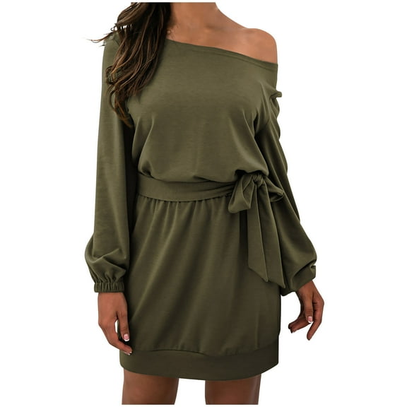 Fesfesfes Women Dress Casual Solid Long Sleeve Skew Collar Dress Fall Bandage Pullver Dress Tops on