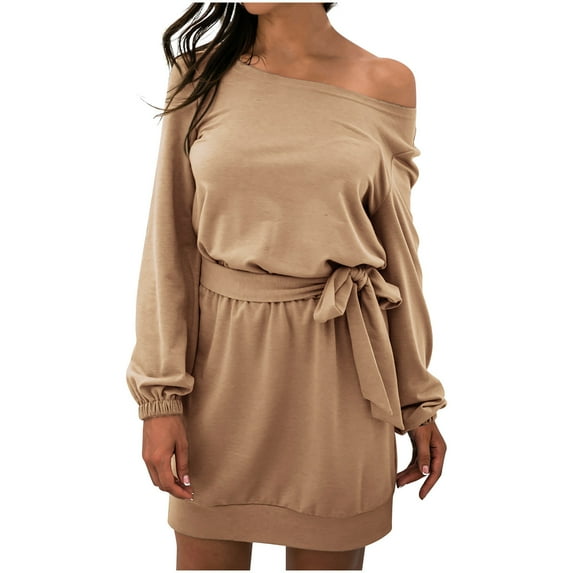 Fesfesfes Women Dress Casual Solid Long Sleeve Skew Collar Dress Fall Bandage Pullver Dress Under $10