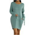 thumbnail image 1 of Fesfesfes Women Dress Casual Solid Loosing Straps Long Sleeve Round-Neck Knee-High Dress, 1 of 9