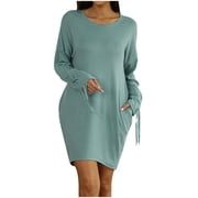 Fesfesfes Women Dress Casual Solid Loosing Straps Long Sleeve Round-Neck Knee-High Dress or