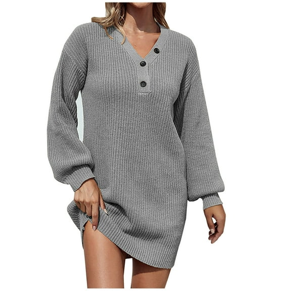 Fesfesfes Women Dress Casual Solid Pullover Long Sleeve V-Neck Sweater Kness-High Dress Plus Size $10