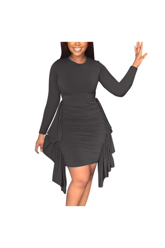 Women Dress Casual Solid Round Neck Irregular Ruffle Ruched Long Sleeve Dresses Tops on