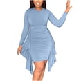 thumbnail image 1 of Fesfesfes Women Dress Casual Solid Round Neck Irregular Ruffle Ruched Long Sleeve Dresses or, 1 of 9