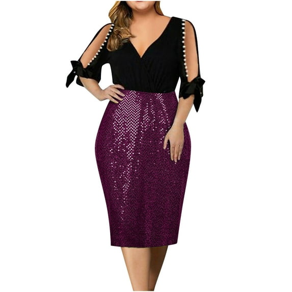 Fesfesfes Women Dress Casual Solid Splicing V-Neck 3/4 Sleeve Bandage Sequins A-line Dress Clearance