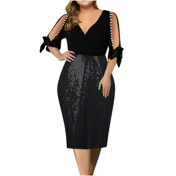 Fesfesfes Women Dress Casual Solid Splicing V-Neck 3/4 Sleeve Bandage Sequins A-line Dress Tops on