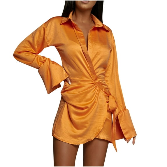 Fesfesfes Women Dress Casual Trumpet Long Sleeve Solid Turn-down Collar Slimming Mini Shirt Dresses Clearance