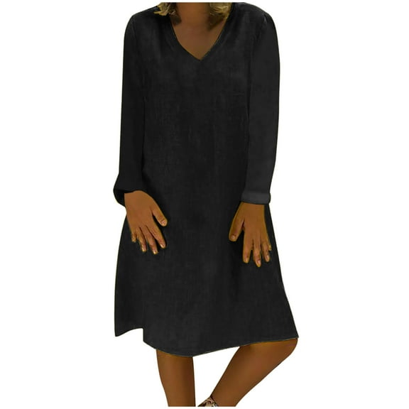 Fesfesfes Women Dress Casual V-Neck Solid Long Sleeve Cotton Linen Dress Clothes Sale