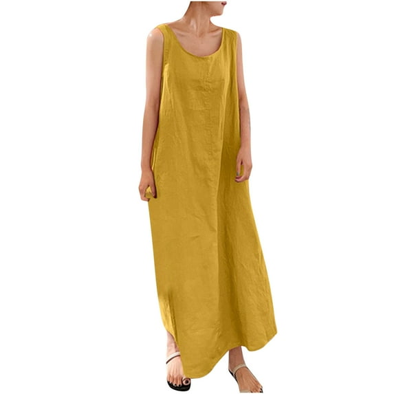Fesfesfes Women Dress Cotton And Linen Crewneck Loose Sleeveless Solid Mini Dress Under $10