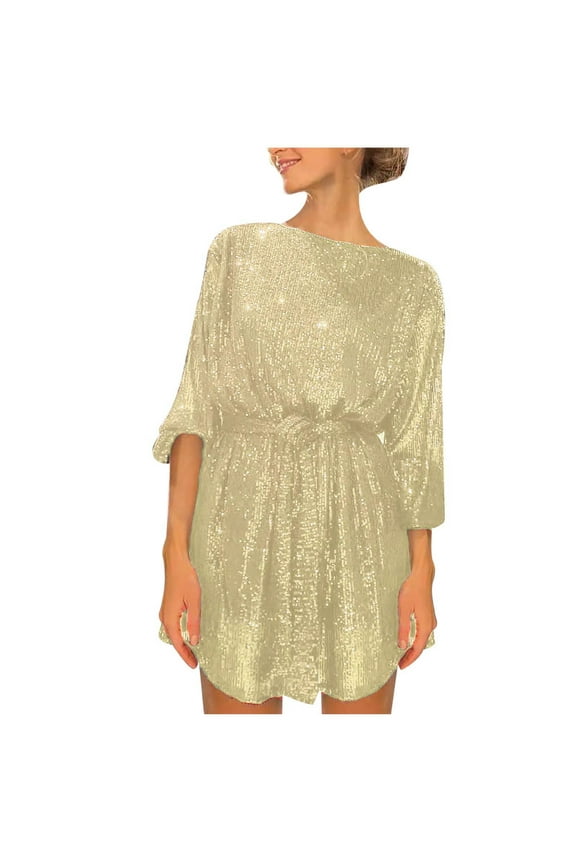 Women Dress Crewneck Sequin Long Sleeve Solid Mini Dress Party Dress Formal Dress