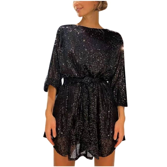 Fesfesfes Women Dress Crewneck Sequin Long Sleeve Solid Mini Dress Party Dress Formal Dress or