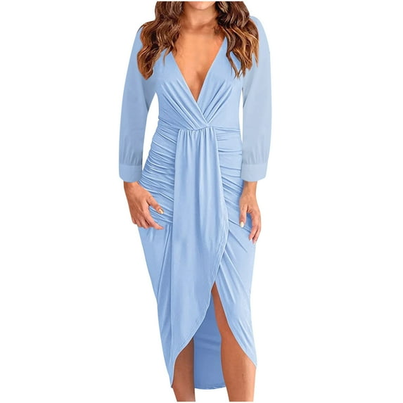 Fesfesfes Women Dress Fall And Winter Solid V-neck Pleated Bag Hip Split Long-Sleeve Mid-Calf Dress