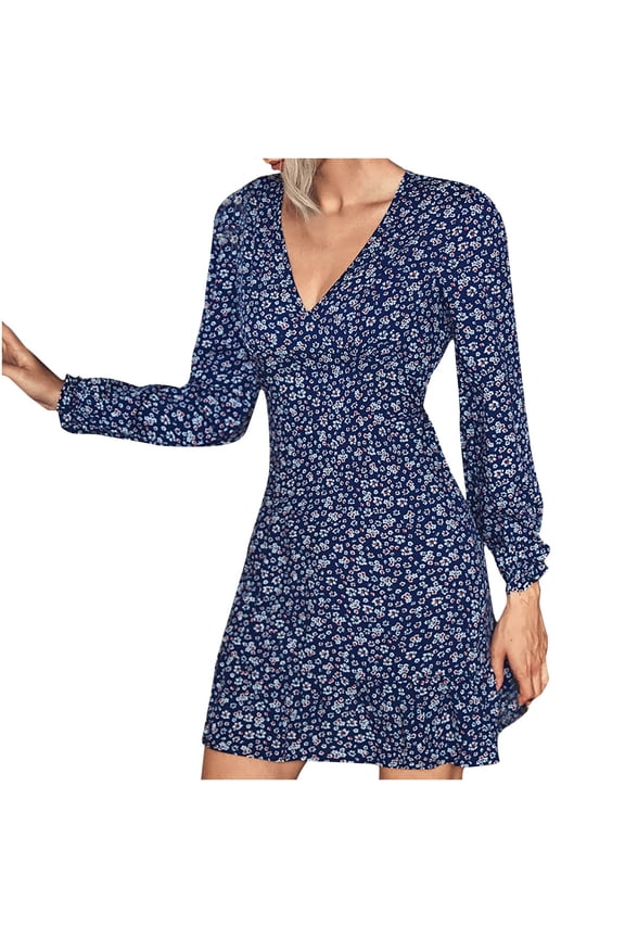 Women Dress Fall Ruffles V-Neck Printed Long Sleeve Casual Dress or
