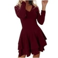 thumbnail image 1 of Fesfesfes Women Dress Fall Solid Causal V-Neck Cuasal Long Sleeve Pullover Comfy Dress Under $10, 1 of 8