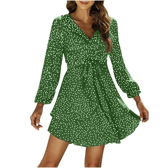Fesfesfes Women Dress Irregular Ruffles Polka Dot Print Long Sleeves V-Neck Strappy Dress or