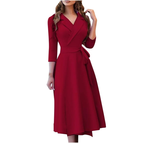 Fesfesfes Women Dress Lapel Printing Three Quarter Sleeves High Waist Lacing Bow Belt Dress Under $10
