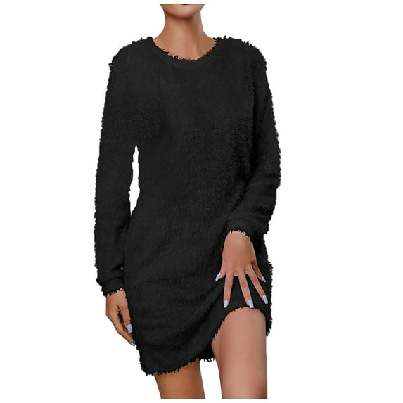 Fesfesfes Women Dress Leisure Comfortable Solid Color Round-Neck Long Sleeves Dress