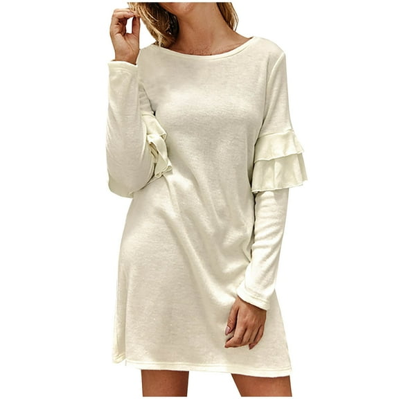 Fesfesfes Women Dress Leisure Comfortable Solid Color Round-Neck Long Sleeves Dress Tops on