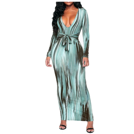 Fesfesfes Women Dress Long Sleeve Mind Of My Own Maxi Dress Visually Thin Strapped Long Dress Bag Hip Stripe Printing Dress Under $10