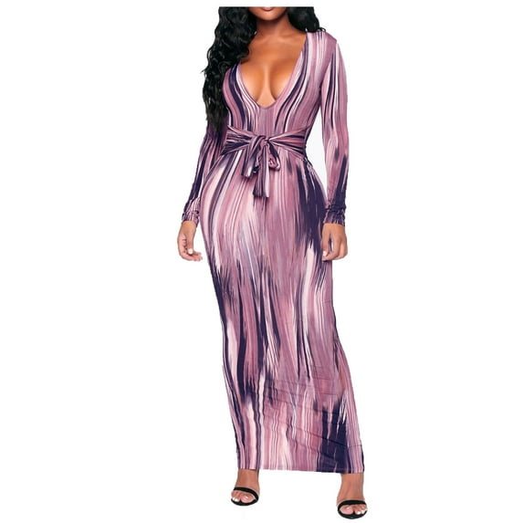 Fesfesfes Women Dress Long Sleeve Mind Of My Own Maxi Dress Visually Thin Strapped Long Dress Bag Hip Stripe Printing Dress Plus Size $10