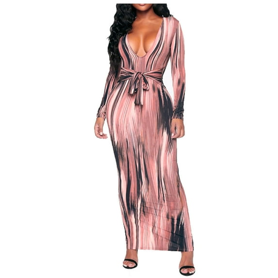 Fesfesfes Women Dress Long Sleeve Mind Of My Own Maxi Dress Visually Thin Strapped Long Dress Bag Hip Stripe Printing Dress Tops on