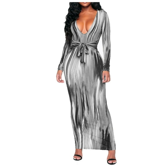 Fesfesfes Women Dress Long Sleeve Mind Of My Own Maxi Dress Visually Thin Strapped Long Dress Bag Hip Stripe Printing Dress or